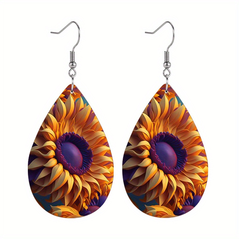 Women's Bohemian Sunflower Painting Print Teardrop Earrings